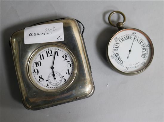 A pocket watch in silver mounted travelling case and a plated cased barometer.